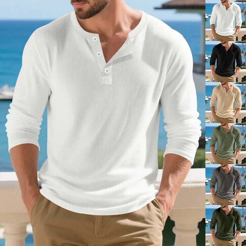 2025 Mens Long Sleeve Ribbed Shirt for Spring and Autumn Tshirt Simple Daily Casual Loose Commuter Henley Shirt TshirtXJ250920