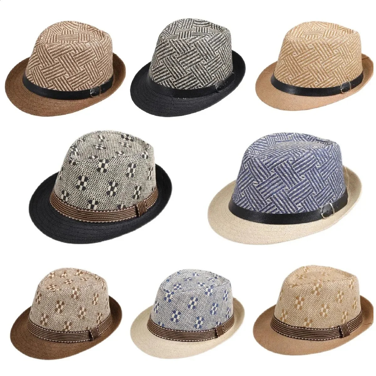 2025 Korean Trendy Sun Hats British Top Hat Womens Mens Grometric Straw Belt Jazz Couple Beach Fedoras Cap 250919