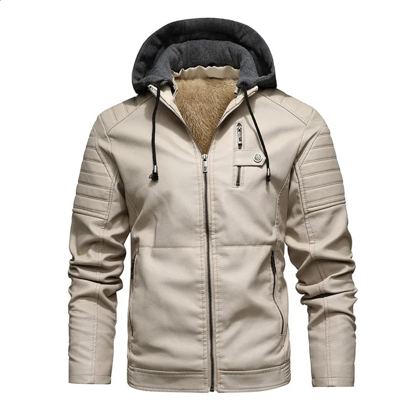 Fashion Leather Jacket Men Autumn Fleece Liner Pu Leather Coats with Hood Winter Male Clothing Casual White Motorcycle Jackets 250920