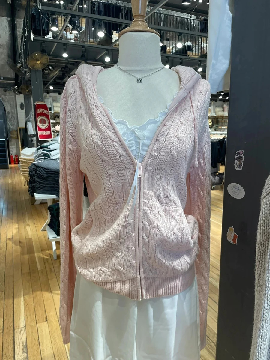 Fleur torsadé cardigan tricoté Pull Femmes Automne à manches longues DrawString Hooded Streetwear Sweet Pulls Cheatter Y2K Top 250919