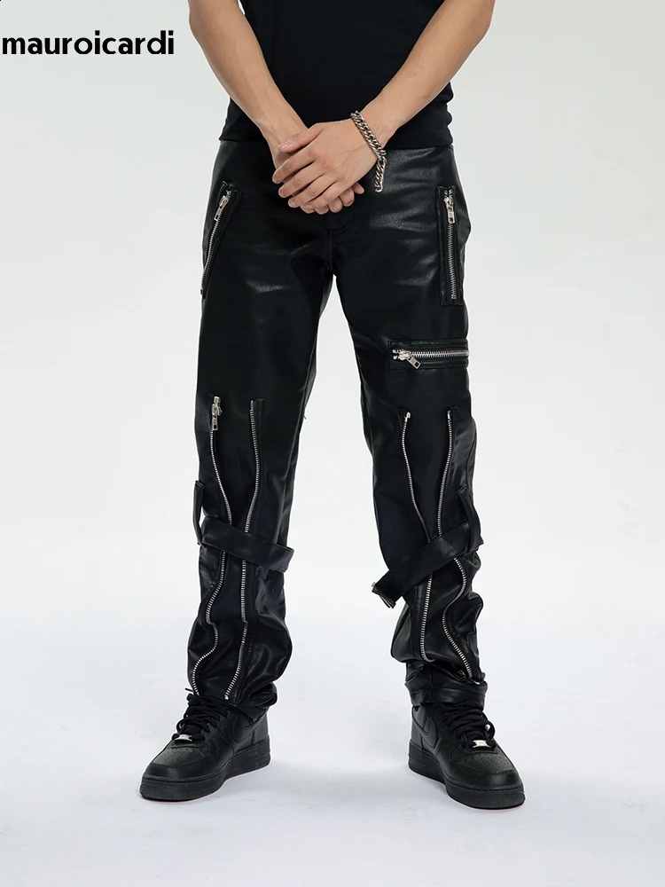 Mauroicardi Spring Autumn Cool Black Pu Leather Pants Men with Many Zippers Belt er Clothing Trousers Fashions 250919