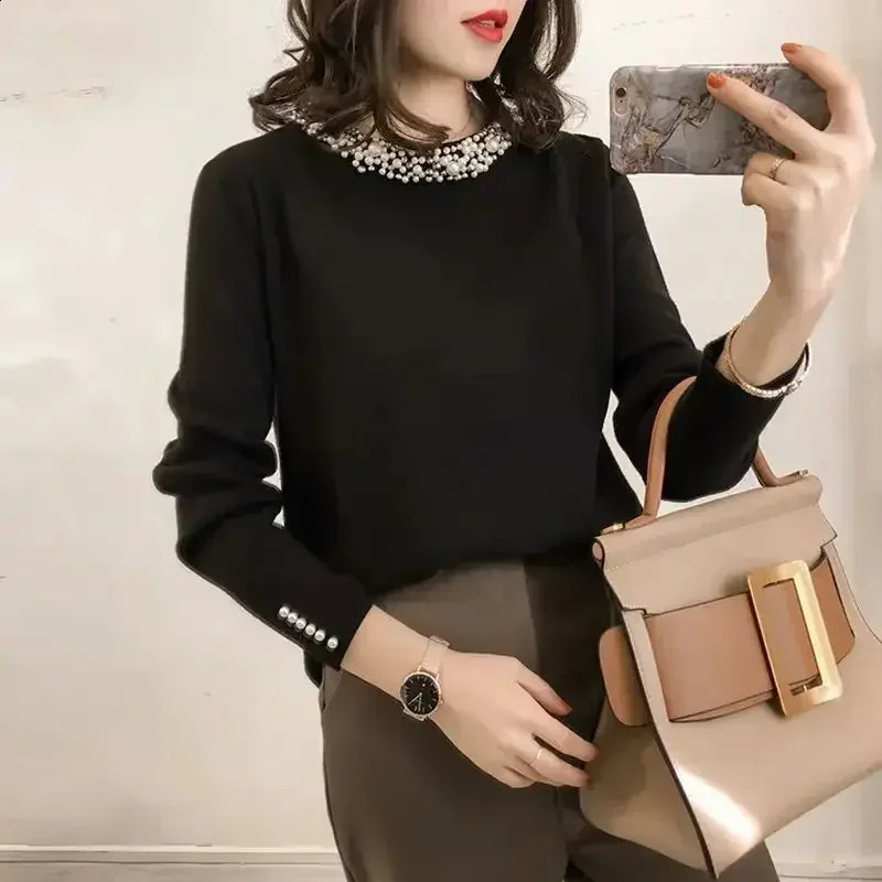 Pearl Elegant Knitted Sweaters for Women Beading Female Pullover Jumper Korean Fashion Aesthetic Sueters De Mujer Offers Trend 250919