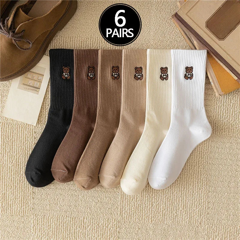 6 Pairs of Womens Multicolored Crew Socks with Cute and Fun Bear Patterns Comfortable and MoistureWicking 250919
