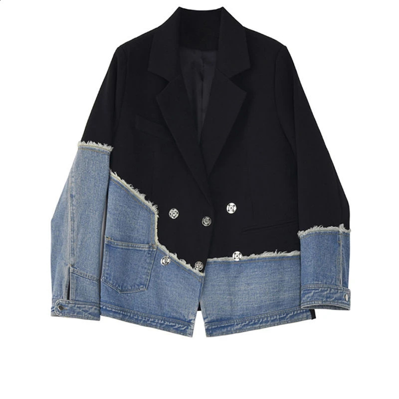 Veste de costume en jean d'épissage américain pour femmes printemps et automne Sense polyvalente et à la mode Chic Top 250920