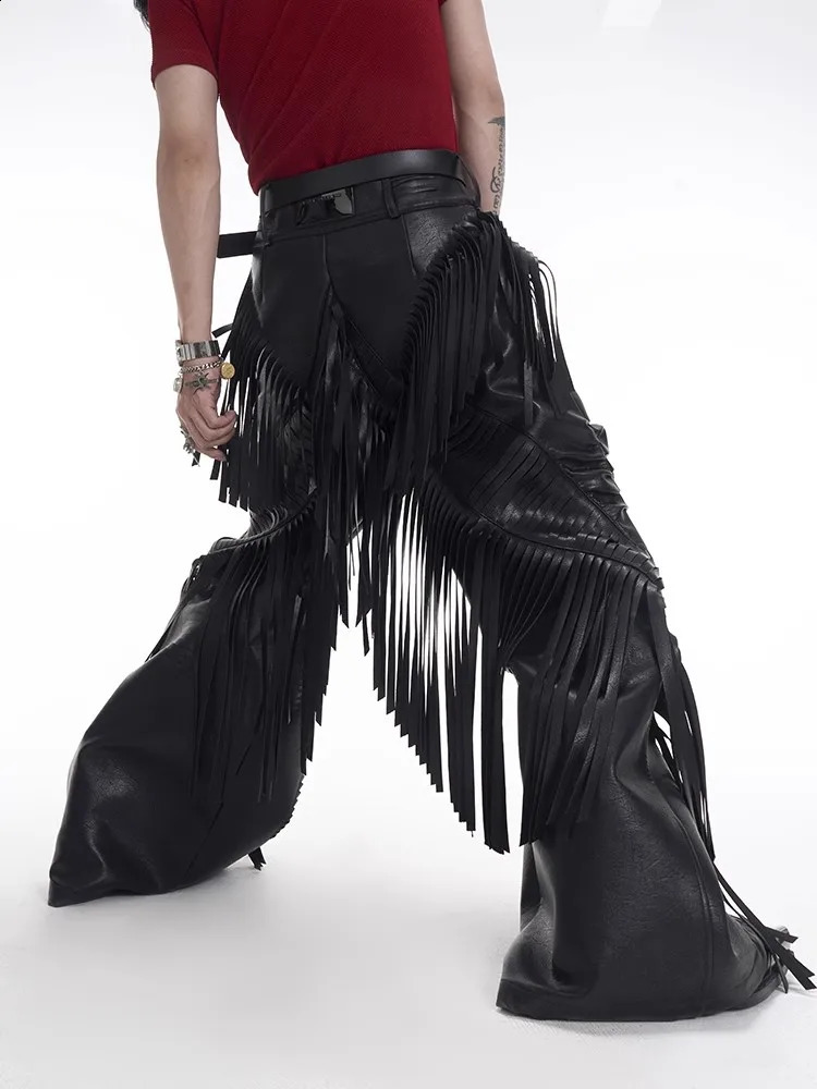 Mauroicardi Spring Autumn Cool Long Fringed Black Pu Leather Pants for Men Tassel er European Clothes Streetwear 250919