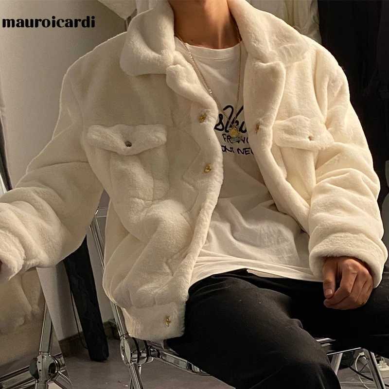 Mauroicardi Winter White Short Soft Warm Faux Fur Coat Long Sleeve Plus Size Designer Men Streetwear Clothing Fluffy Jacket 2021 W250920