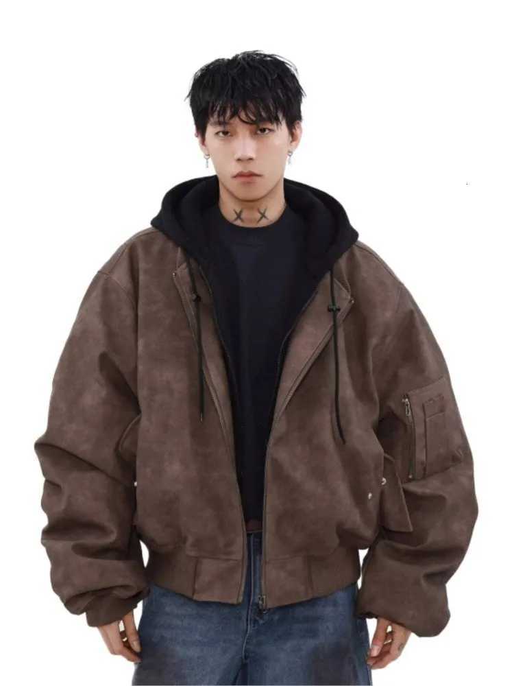 PU Leather Baseball Jacket Man Demiseason Hooded Jacket For Women Oversize Mens Autumn WindbreakerXJ250920
