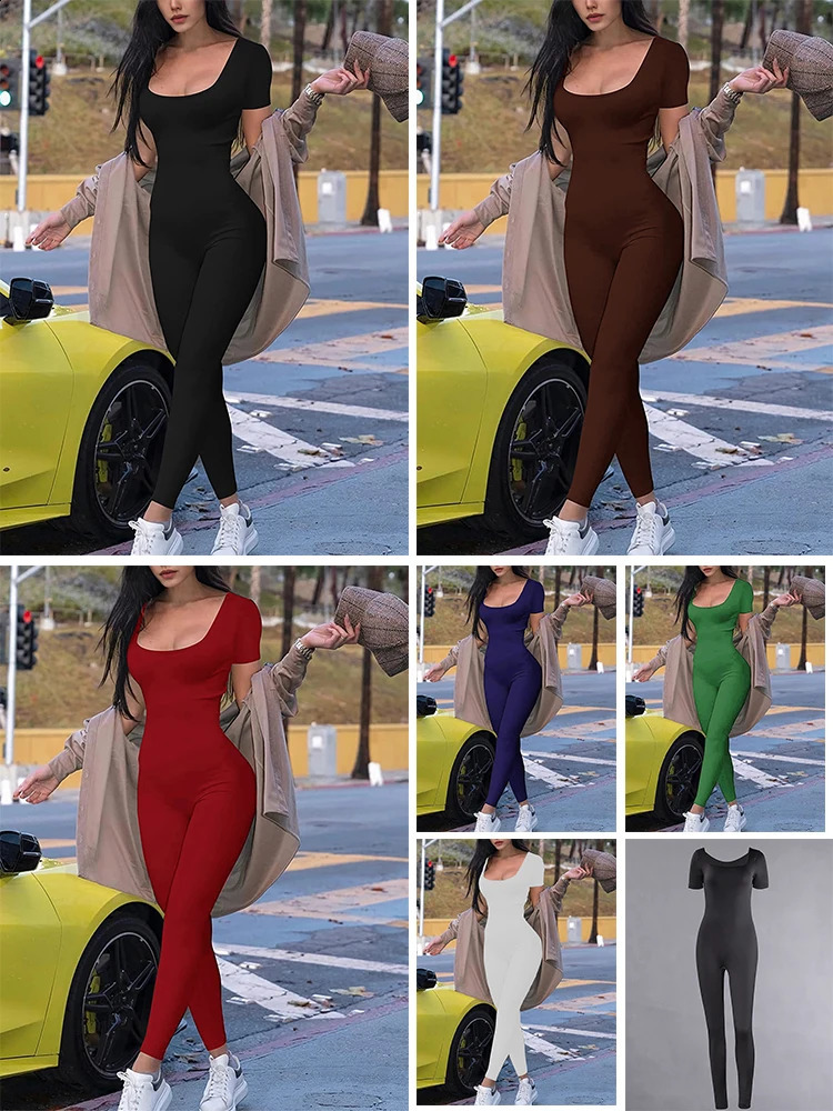 2025 spring and summer womens shortsleeved solid color tight jumpsuit fashion sports fitness leisure street 250921