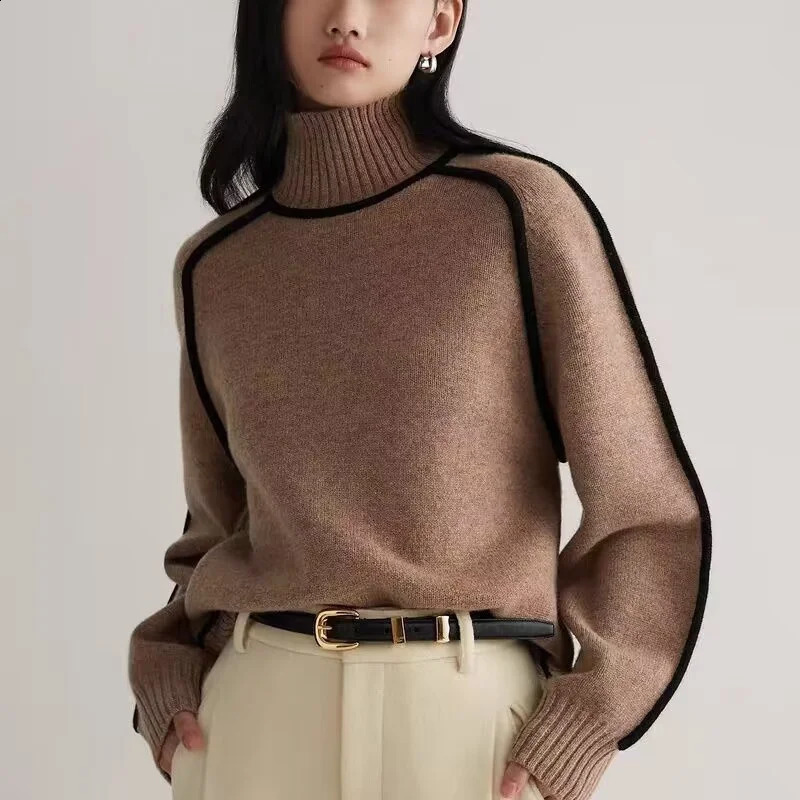 Autumn Winter Women Fashion Loose Stripe Pullover Knitted Jumper Female Long Sleeve Knitwear Lazy Wind Lady Turtleneck Sweater 250919