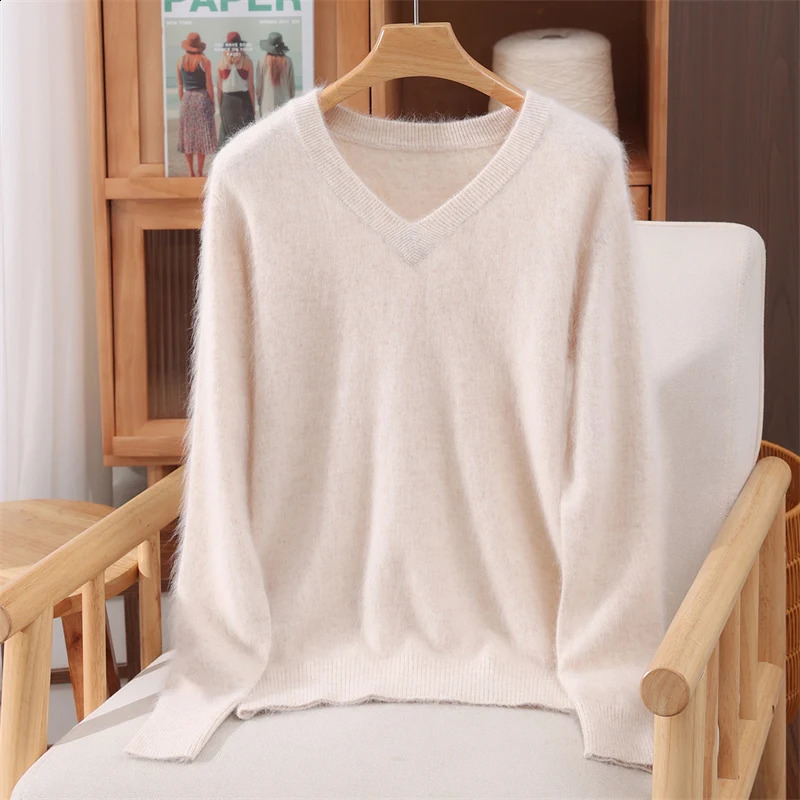 100 Mink Cashmere Pullover Sweater Autumn Winter Womens Vneck Soild Highend Soft Warm Basic Knitted Long Sleeve Tops 250920