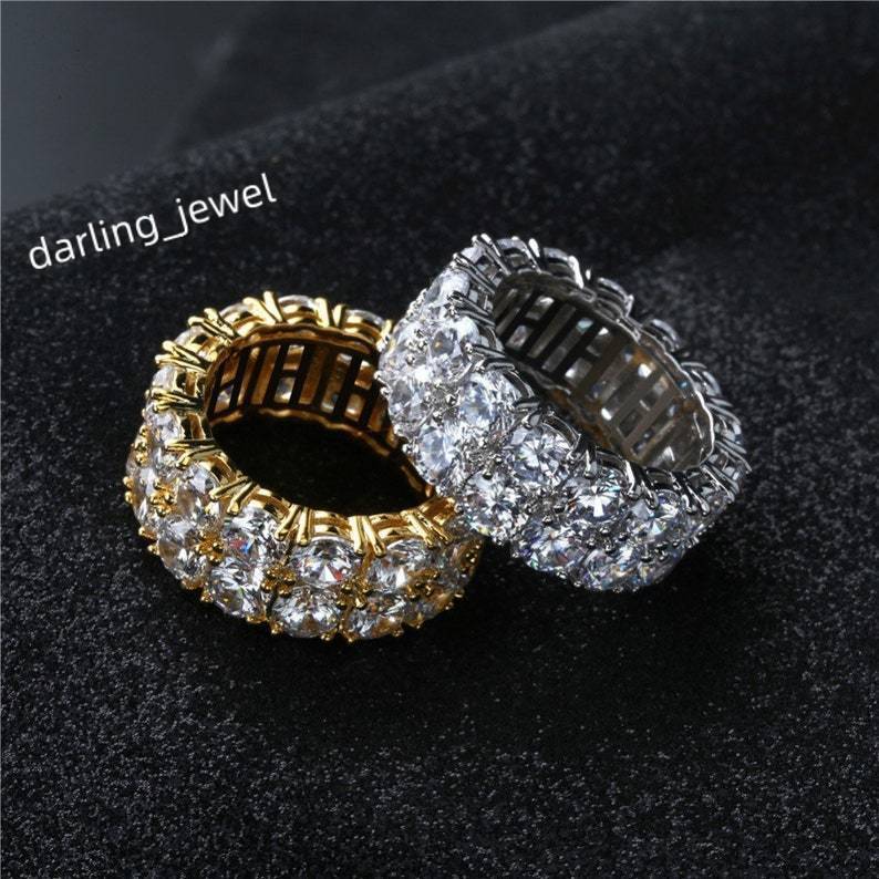 Iced Out 2 Row Ring Sterling Silver 925 D Color VVS Moissanite Round Cutting Charm Round Ring Moissanite Hip Hop Jewelry Ring