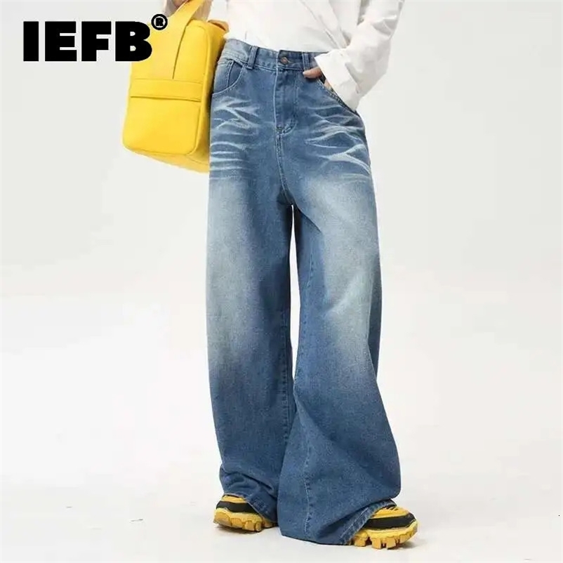 IEFB High Street Mens Jeans Summer Water Washed Folded Draping Wide Leg Trendy Denim Pants Spring Casual Straight 9C6100 y250919