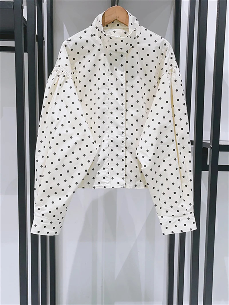 Women Polka Dot Printed Silhouette Jacket Stand Collar Zipper Covered Button Ladies Early Autumn Long Puff Sleeve Loose Coat 250919