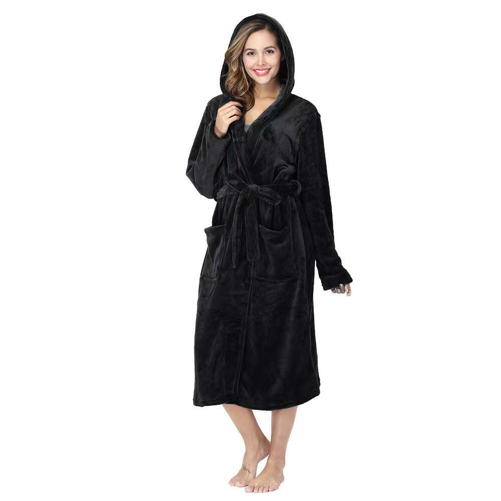 Automne hiver Robe en flanelle épaisse Extra longue avec cordon de serrage, couleur unie, peignoir à capuche pour femmes