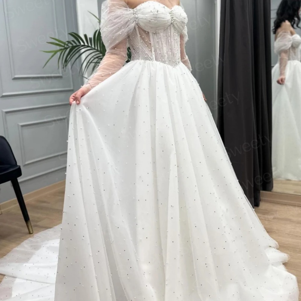 Off The Shoulder Wedding Dress Silky Organza With Beading A-Line Floor Length Bride Dress Strapless Fullsleeve Lace Up Ball Gown