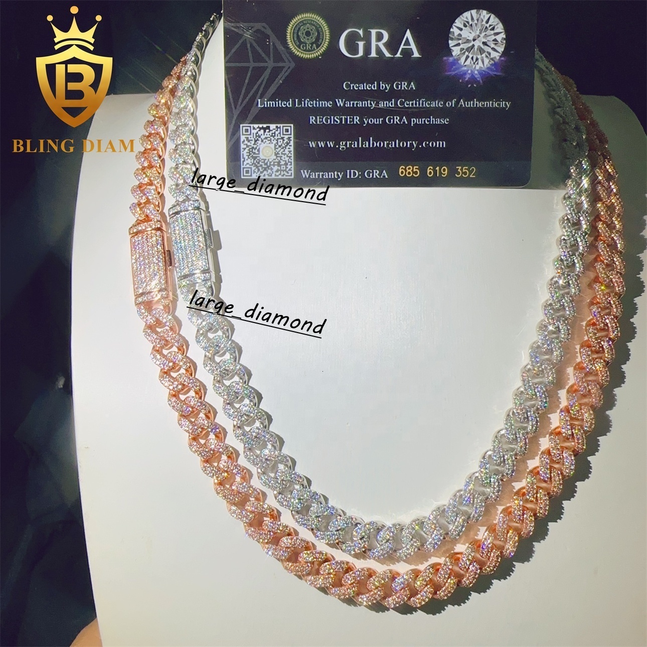 GRA Certificated Hip Hop Fine Jewelry Miossanite Iced Out VVS Moissanite Diamond 10mm Miami Cuban Link Chain Necklace