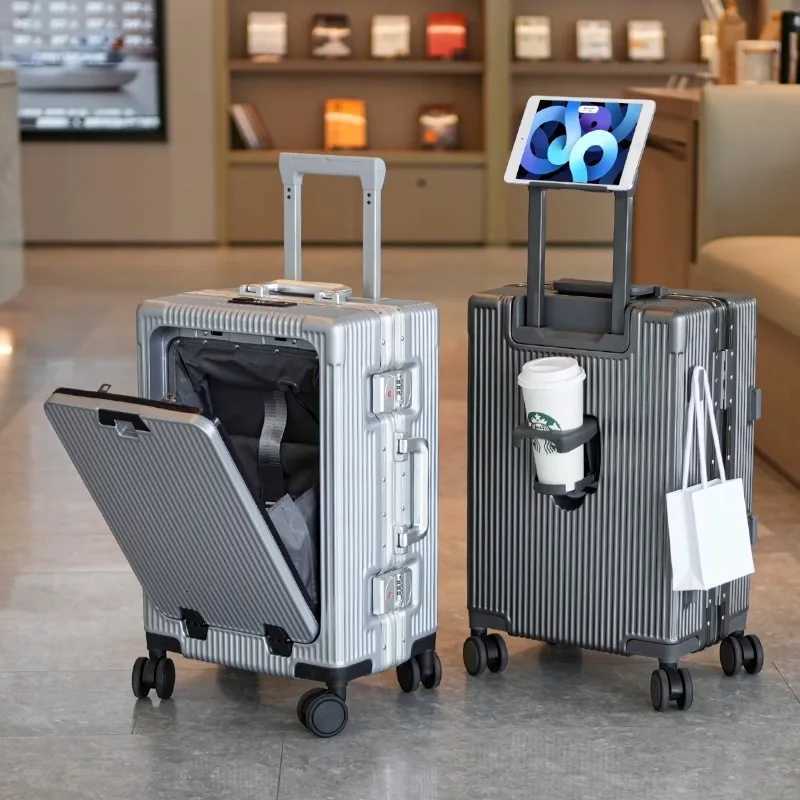 Large Capacity Front Open Suitcase Aluminum Frame Trolley Luggage USB Charging Cabin Suitcase on Wheels 202428 inch W250920-image-1076021699