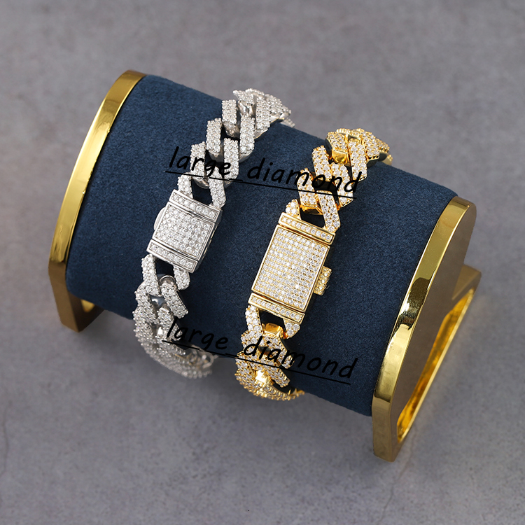 In Stock Hip Hop Mossanite Bracelet 2rows 13mm 15mm 925 Solid Silver VVS Moissanite Iced Out Cuban Bracelet for Men