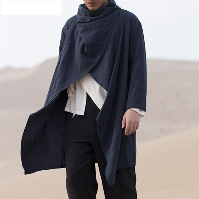 Mens Retro Jackets Trench Windbreaker Casual Cotton Solid Color Scarf Collar Irregular Long Sleeve Cloak Loose Stylish 250919