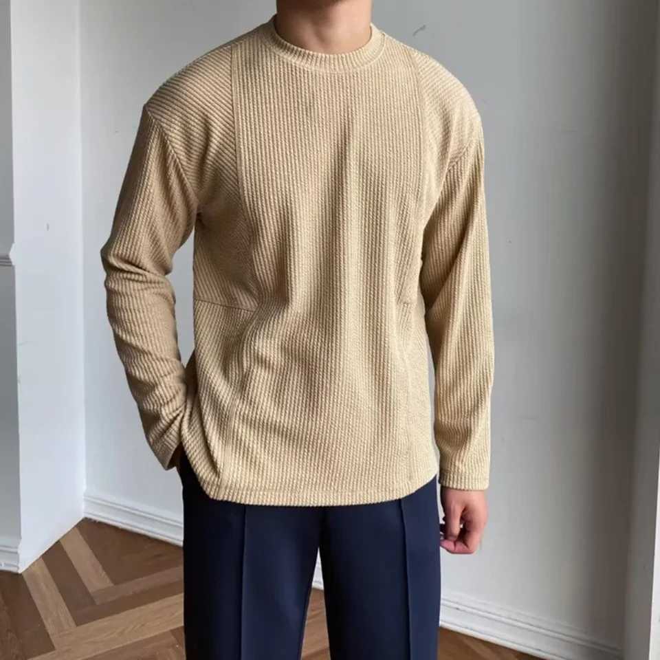 Casual Outings 2XL 3XL Slim Long Sleeves Comfortable Daily Wear Tshirt Trendy Mens Apparel Stripes Design Waffle PatternXJ250920