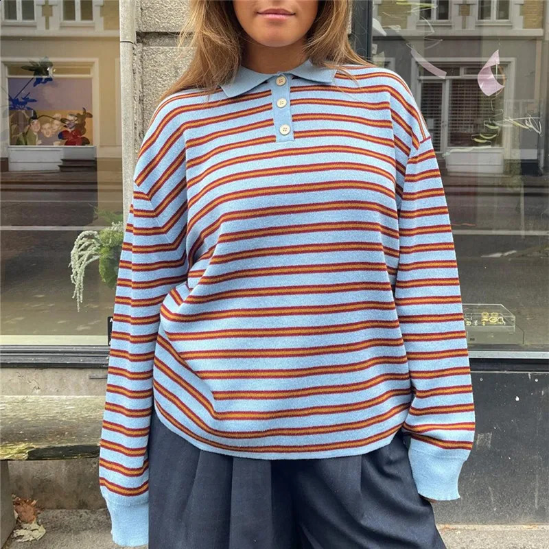 Pull à rayures surdimensionné pour les femmes à col à manches longues à manches longues préppy vintage y2k esthétique du rugby en tricot de rugby