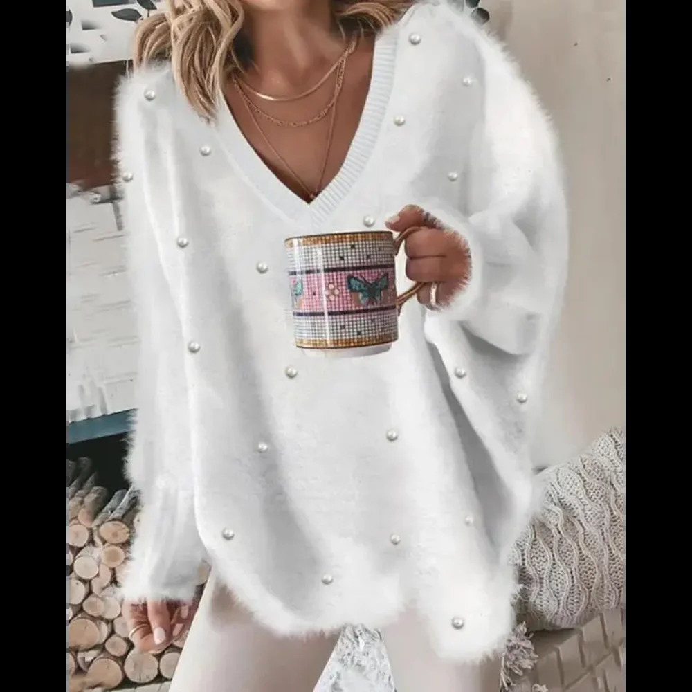 Womens Sweater 2025 Autumn Ribbed Knitted Pullover VNeck Pearl Long Sleeved Fluffy Top Womens Loose Sweater 250919