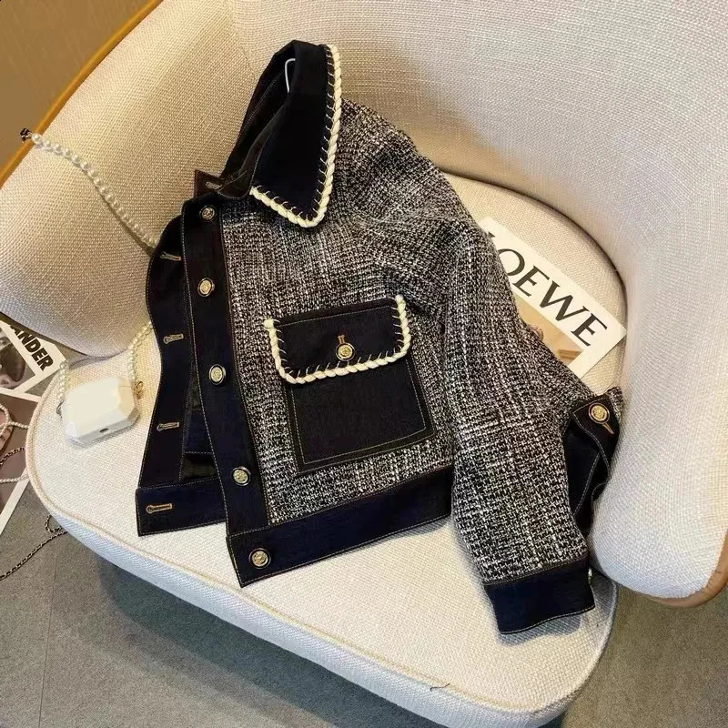 Vintage Crop Denim Coats Women Button Peter Pan Collar Patchwork Spring Fall Jacket Small Fragrance Casual Office Lady Outwear 250919