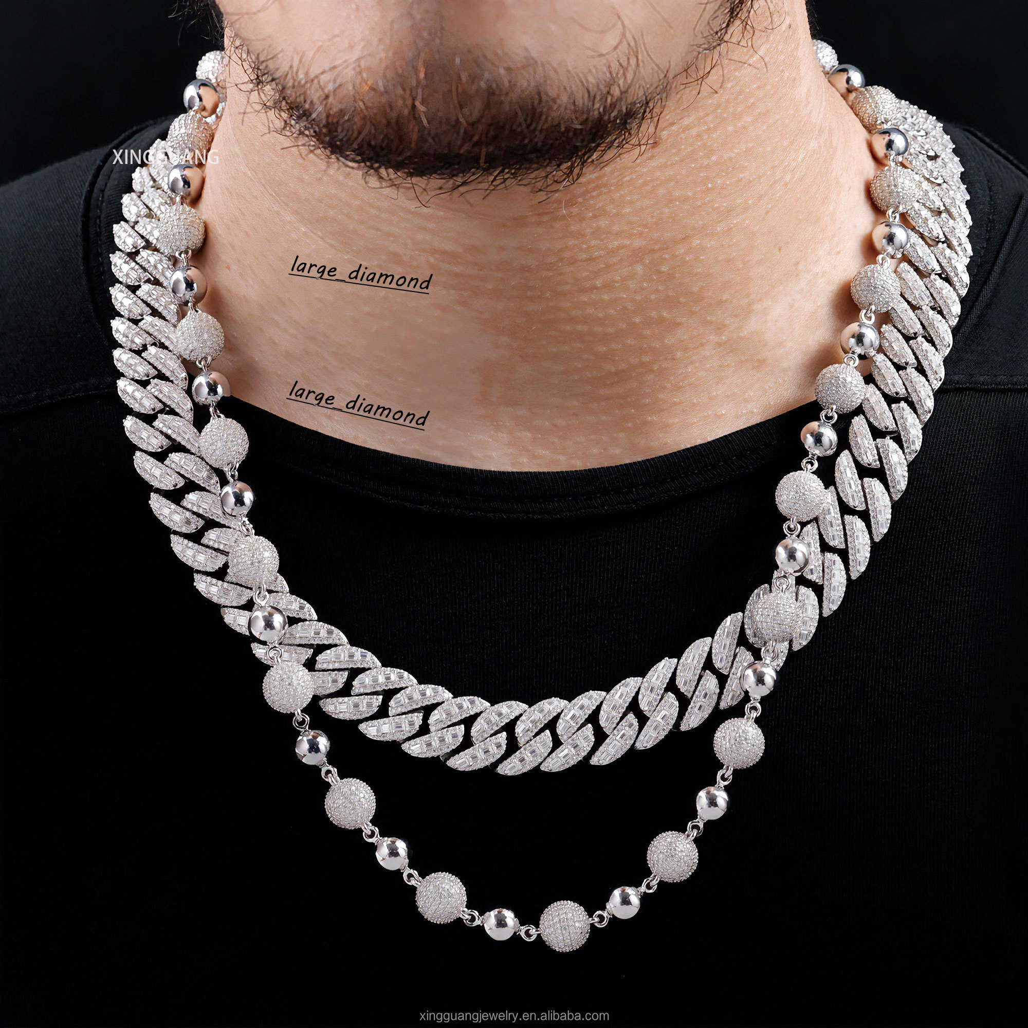 Yu Ying 925 Sterling Silver Cuban Chain 10mm Width Moissanite Diamond Ball Shape Hip Hop Necklace Cuban Link Chain
