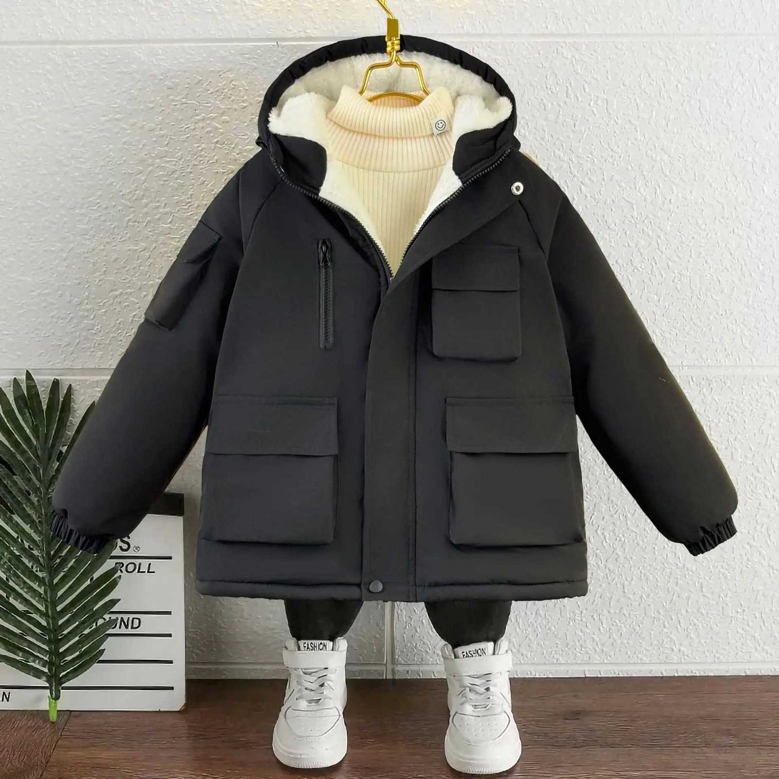 2025 Hiver Teen Boys Cabille en coton Veste gamine de couleur solide poche épaissie de parkas thermique épaissis