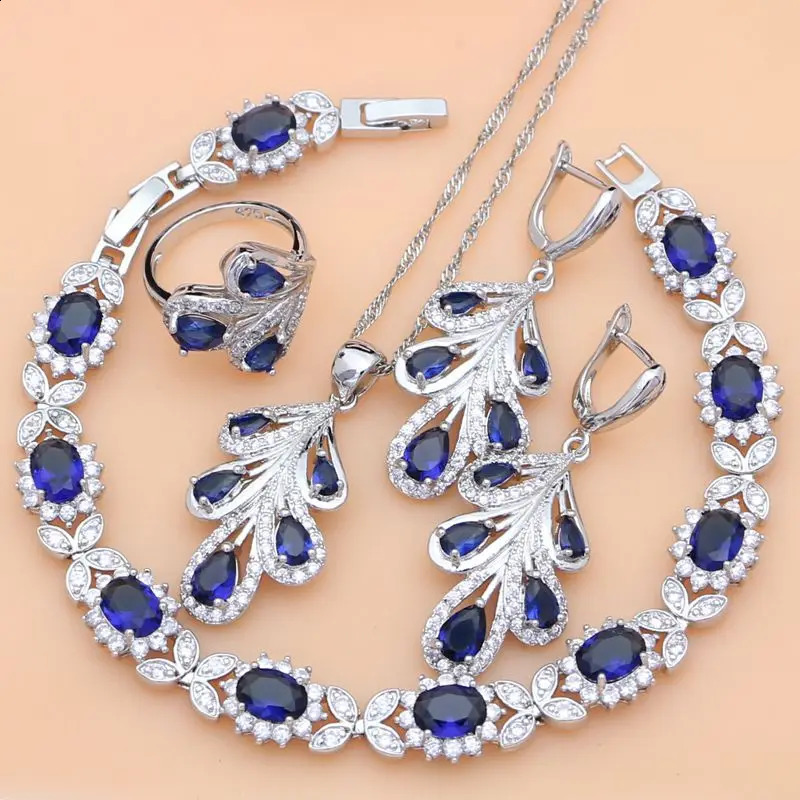 925 Sterling SilverJewelry Set Blue Sapphire Costume de cristal blanc pour femmes Pierres Feuilles boucles d'oreilles Rings Bracelet Collier Set