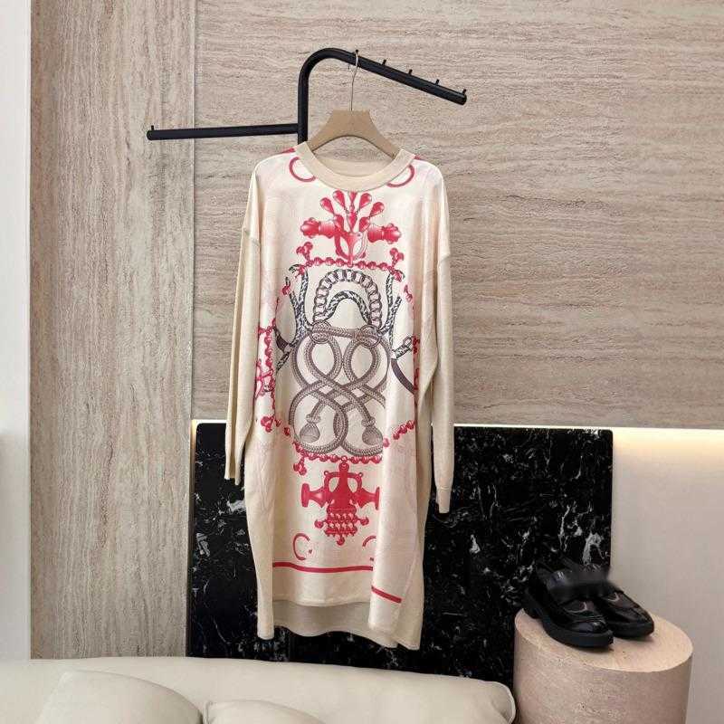 Basic & Casual Dresses designer 2025 Autumn Winter New Positioning Printed Silk Patchwork Round Neck Long Sleeve Knitted Dress for Socialites