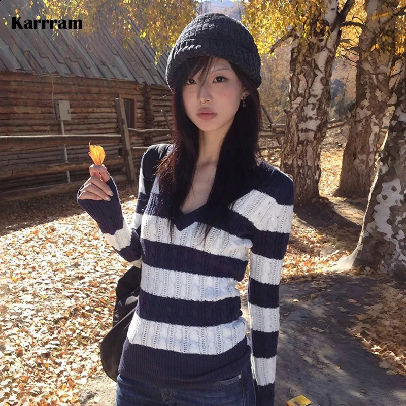 Karrram Japanese Y2k Vneck Striped Sweater Vintage Harajuku Knit Slim Pullovers Korean Style Winter Knitwear 2000s Aesthetics 250920