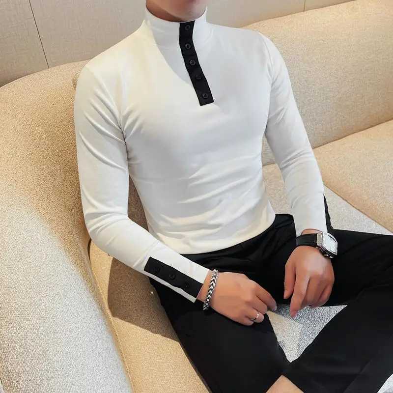 High Quality Long Sleeve Tshirt Mens Autumn Winter HalfHigh Collar Solid Color Top Collar Button Business CasualXJ250920