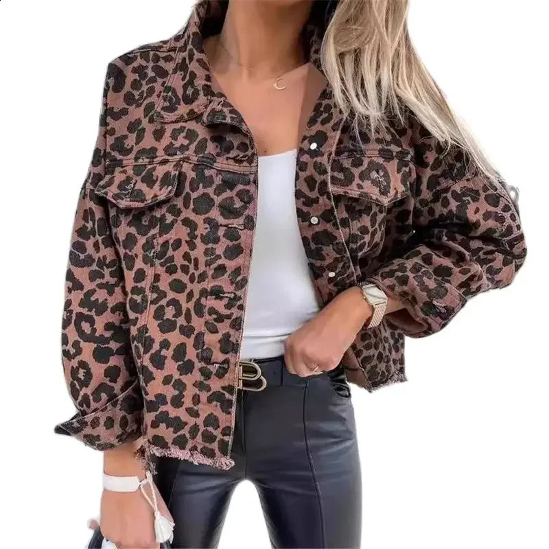 Fashion Leopard Print Tassel Hem Jacket Women Casual Outerwear Female Spring Autumn Lapel Singlebreasted Cardigan Denim Coat 24 250919