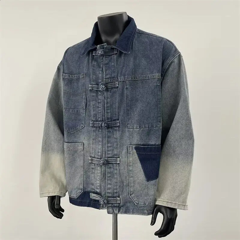 Men Denim Jacket Lapel Collar Mandarin Button Ombre Gradient Color Casual Streetwear Trendy chinese Vintage Outerwear Fashion 250920