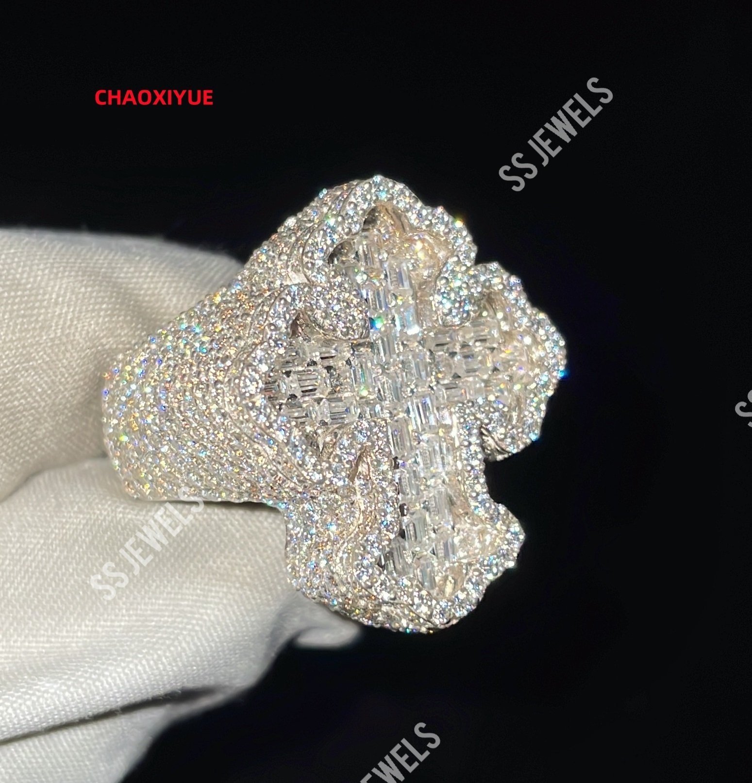Custom Made VVS Lab Grown Diamond Jesus Cross Ring 925 Silver Iced out Cross Baguette CVD Stone Bustdown Ring For Christmas Gift