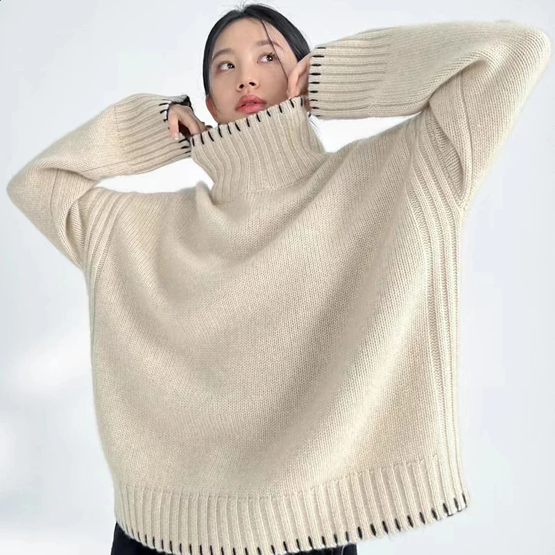 100 Pure Wool Cashmere Sweater Womens 2025 Autumn Winter Turtleneck Pullover Fashion Loose Large Size High Neck Knit Tops 250919