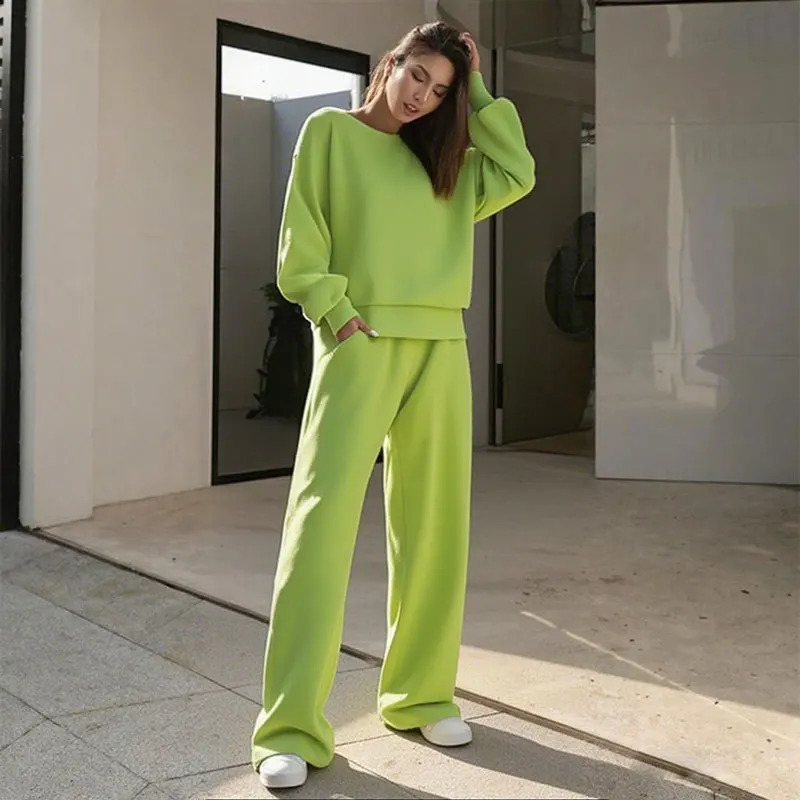 2025 Womens Simple And Casual T Shirt Long Pants 2 Piece Set Fashion Autumn Solid Color Loose Sport Wideleg Long Pants Female 250917