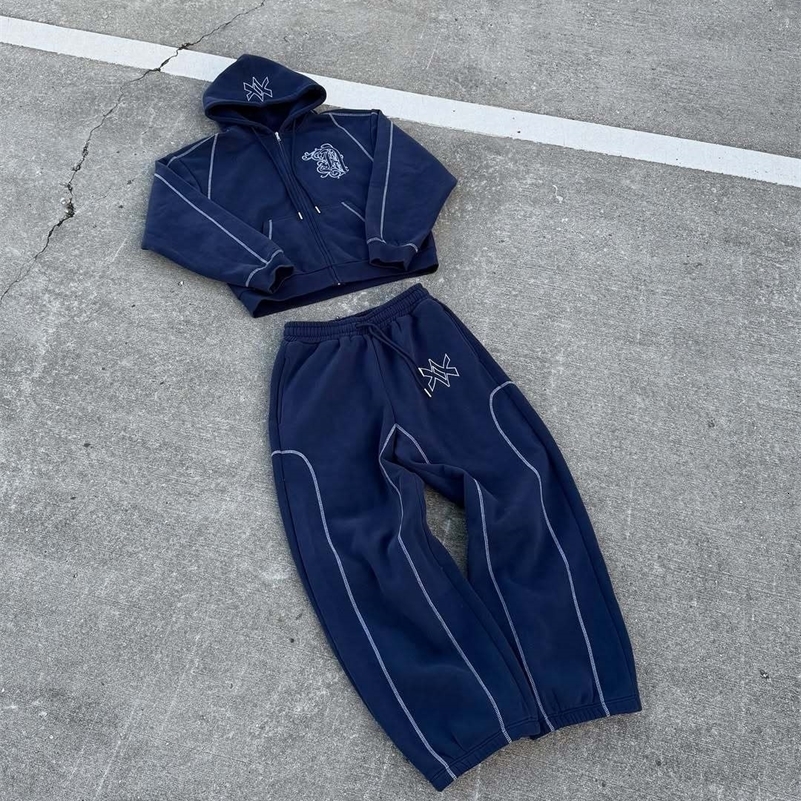American Y2K Casual Zipper Hoodie Sweatpant Two Piece Set HipHop Oversized Embroidery Sweatshirts Men Women Casual Pants 250919