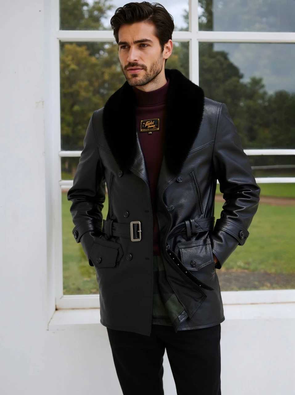 Breaker de vent moyen à longs pour hommes avec collier de fourrure en fourrure en cuir authentique en cuir décontracté automne et veste d'hiver W