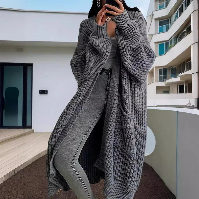 2025 Women Pockets Sweater Cardigan Kintted Jacket Autumn Crochet Loose Long Winter Maxi Warm Jumper Coat 250919