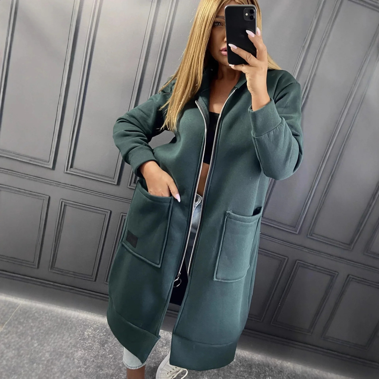 Autumn Winter Fashion Womens Elegant Loose Warm Coat Ladies Splicing Casual Commuting Style Hooded Cardigan Zipper Hoodie 250919