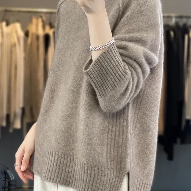 Womens HighNecked Cashmere Sweater 100 Soft Wool Thickened Lazy Raglan Sweater with Slit for Autumn Winter Comfortable Waxy W 250919