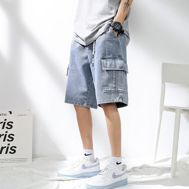 Denim shorts mens 2025 summer light colored personalized hanging rope loose casual denim five quarter pants yy250919