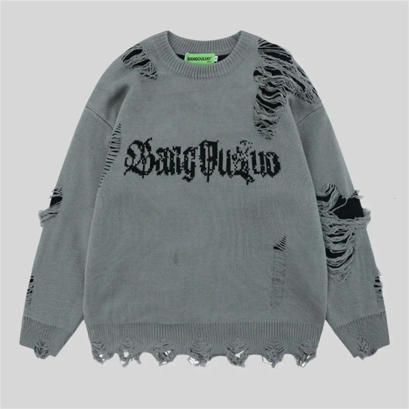 Torn Smooth Sweater Men Retro Ripped Hole Knitted Letter Plain Jumpers Men Streetwear Hip Hop Harajuku Punk Gothic Sweaters 250919