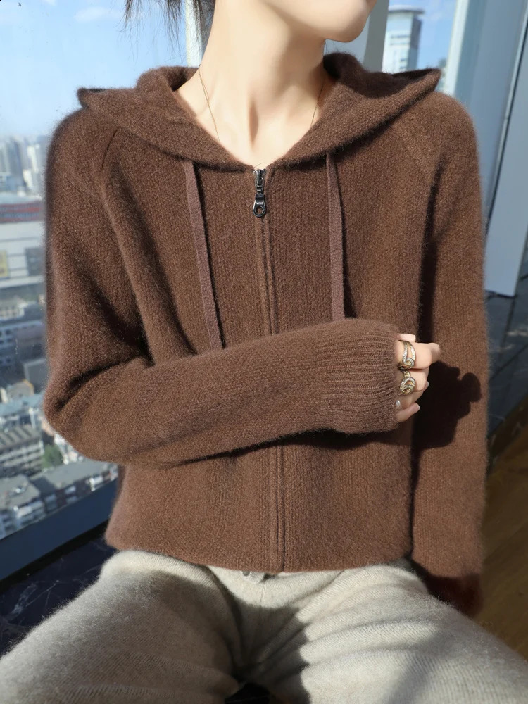 Thick Womens 100 Merino Wool Sweater Hooded Zippers Cardigan Solid Casual Jacquard Cashmere Autumn Winter Loose Knitwear Tops 250919