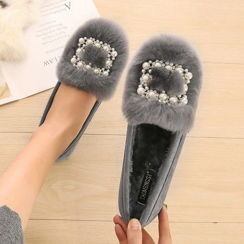 CrystalPearl Buckle Shoes Woman Rabbit Fur Flats Winter Big Size 4243 Mocasines Femme Furry Loafers Barefoot Cotton Ballerinas 250919