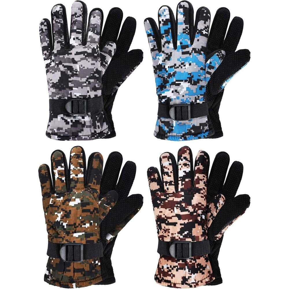 4 Pairs Winter Kids Waterproof Snow Ski Gloves Warm Unisex Camouflage Clothes for Cold Weather Girls Boys Children