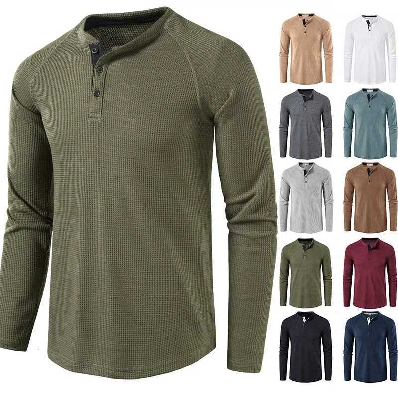 Fashion Waffle Cotton T-shirt Men Automne New Slim Fit Long Long Sleeve Henley Tshirt Men Streetwear Casual Color Color TshirtxJ250920