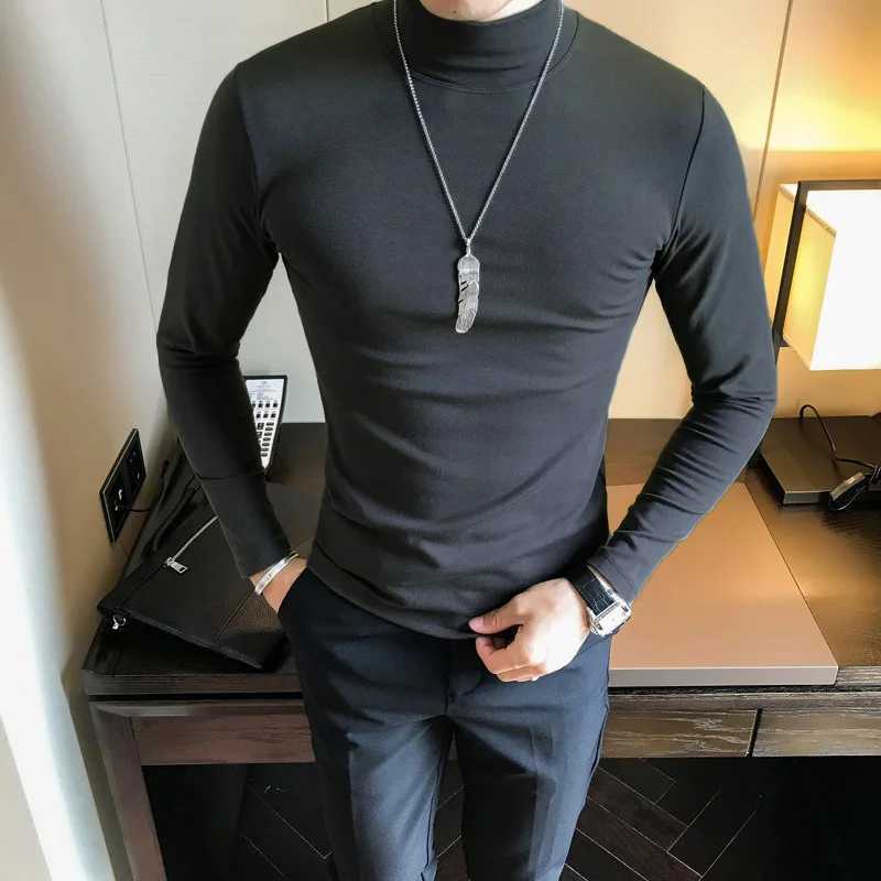 Basic Bottoming Plain Tshirt Fashion Mens Casual Slim Fit Basic Turtleneck High Collar Pullover Male Autumn Spring Thin TopsXJ250920